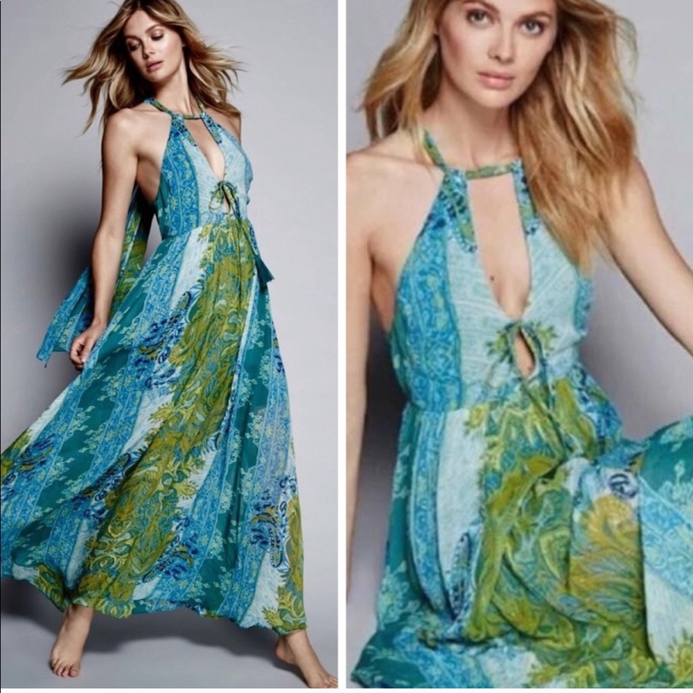 FREE PEOPLE Turquoise & Lime green maxi dress